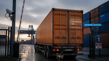 Truck carrying an orange shipping container through a terminal gate, with the container number recognized on screen