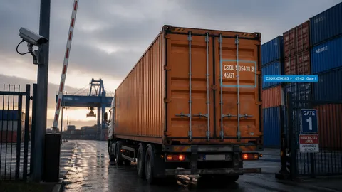 Truck carrying an orange shipping container through a terminal gate, with the container number recognized on screen