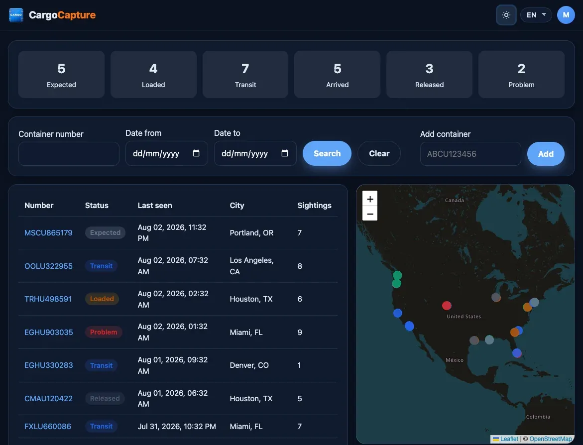 CargoCapture manager dashboard — container list, filters, and live map
