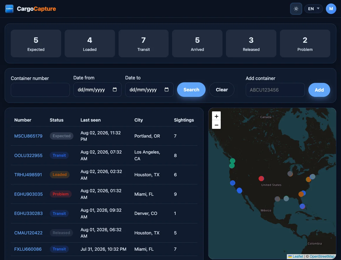 CargoCapture manager dashboard — container list, filters, and live map
