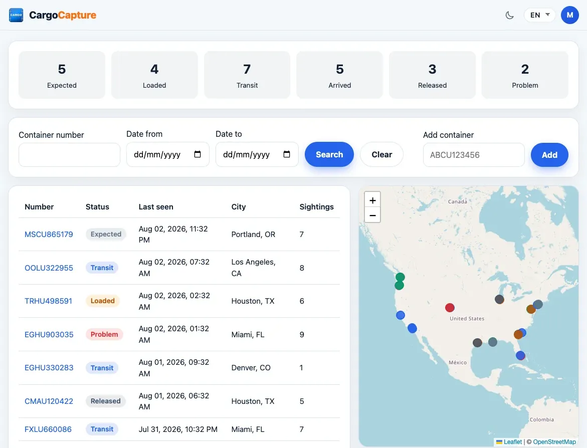 CargoCapture manager dashboard — container list, filters, and live map