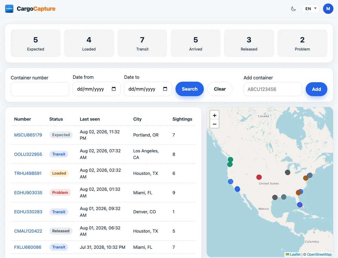 CargoCapture manager dashboard — container list, filters, and live map