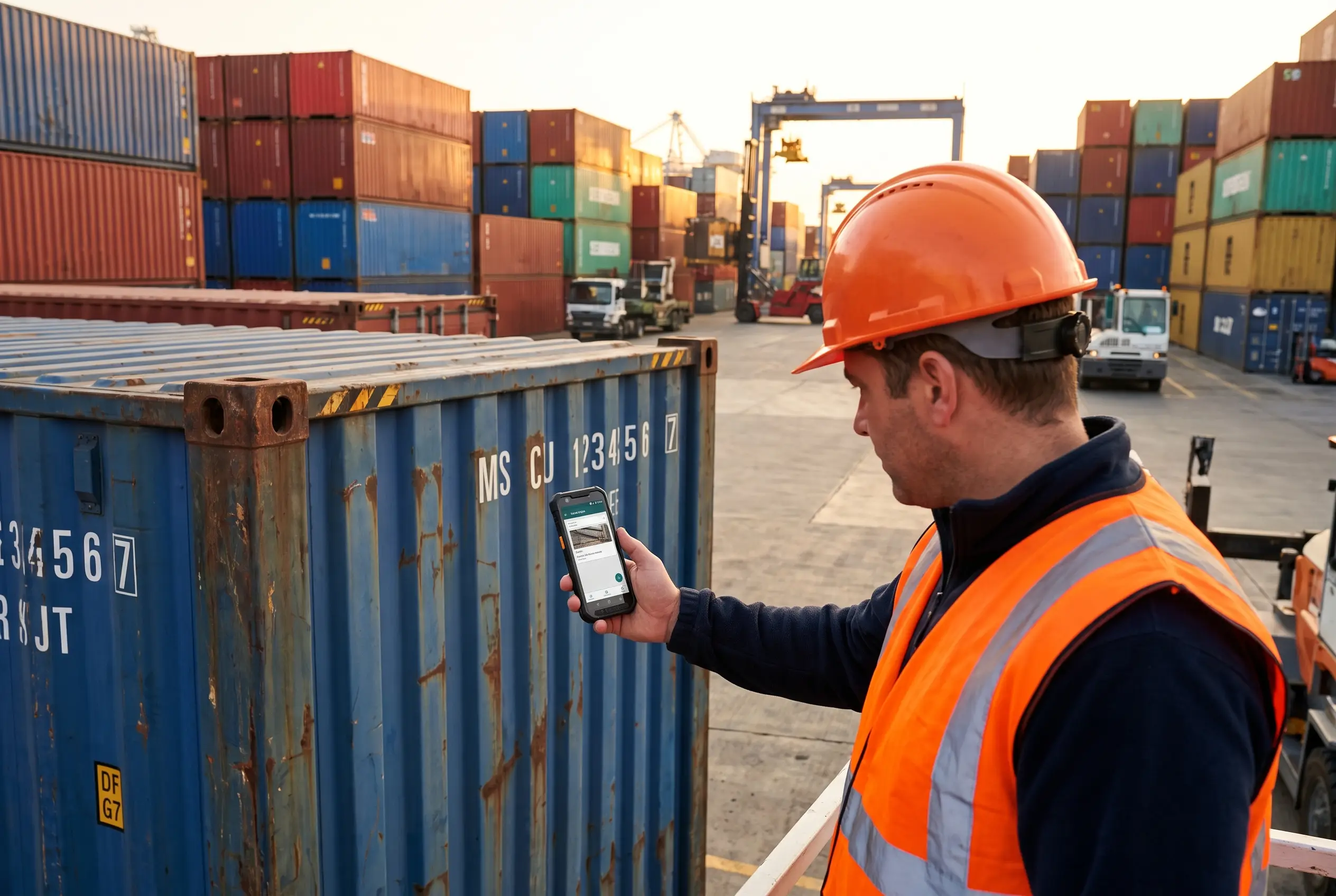 Logistics professional scanning container with smartphone