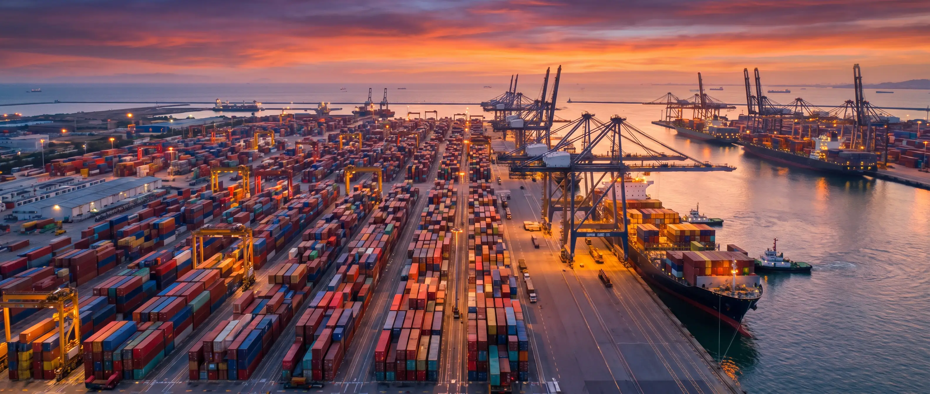 Aerial view of cargo port at dusk